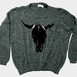 Voge Boutique Bull Skull Sweater Womens M/L Grey Excellent Oversized Knit ES194
